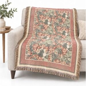 Goodwin Weavers Cotton Floral Tapestry Throw Blanket Green Pink 61x44 Fringe